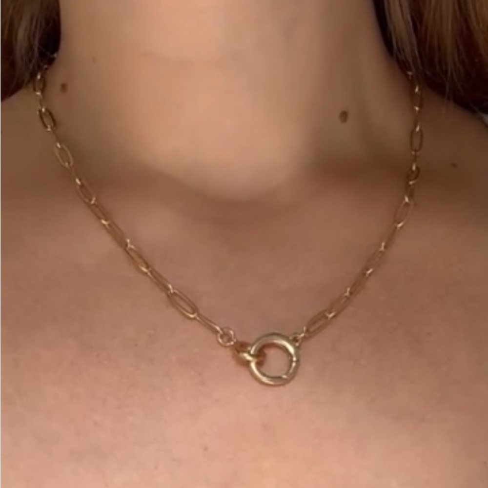 Classic Gold Interlocking Paperclip Circle Pendant Lariat Charm Holder Necklace - Picture 9 of 14
